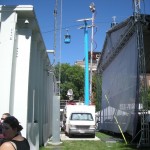 Out back, this microwave relay truck will send the broadcast back to the studio. Out back, this microwave relay truck will send the broadcast back to the studio.