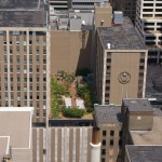 Staff were setting up for a rooftop wedding at this adjacent hotel.